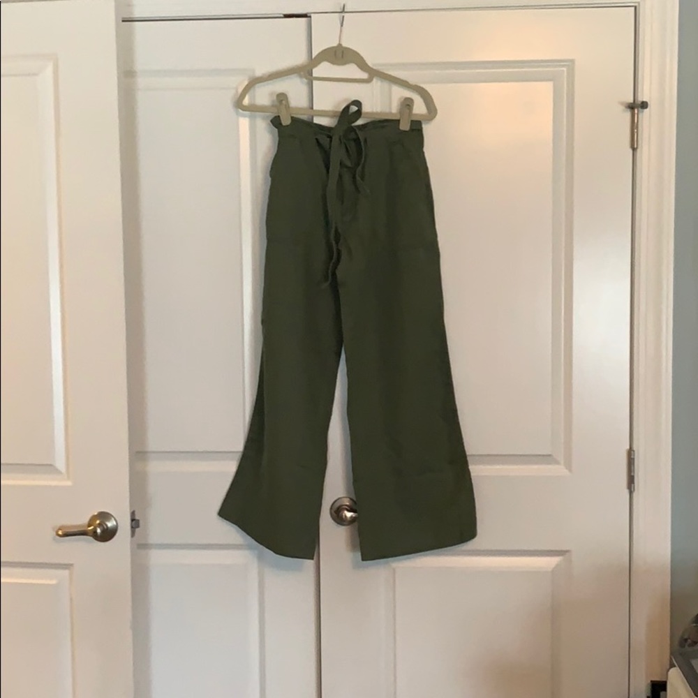 Gap olive green wide leg linen, tie waist trousers